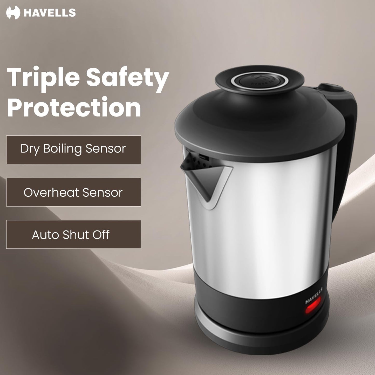 Havells Steelio Electric Kettle | 1250 W | 1 L Capacity | Rust Resistant 304 Stainless Steel Tank |