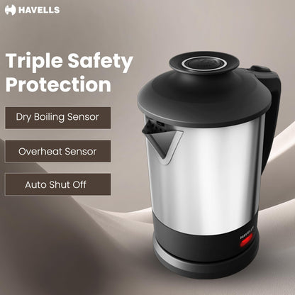Havells Steelio Electric Kettle | 1250 W | 1 L Capacity | Rust Resistant 304 Stainless Steel Tank |