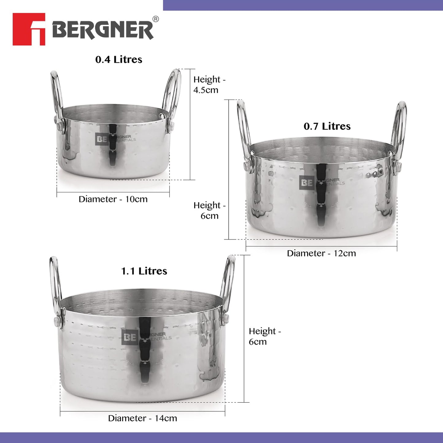 Bergner BE Bergner Essentials Stainless Steel Mini Hammered | 3 Pcs Serving Set | 5 Year Warranty |