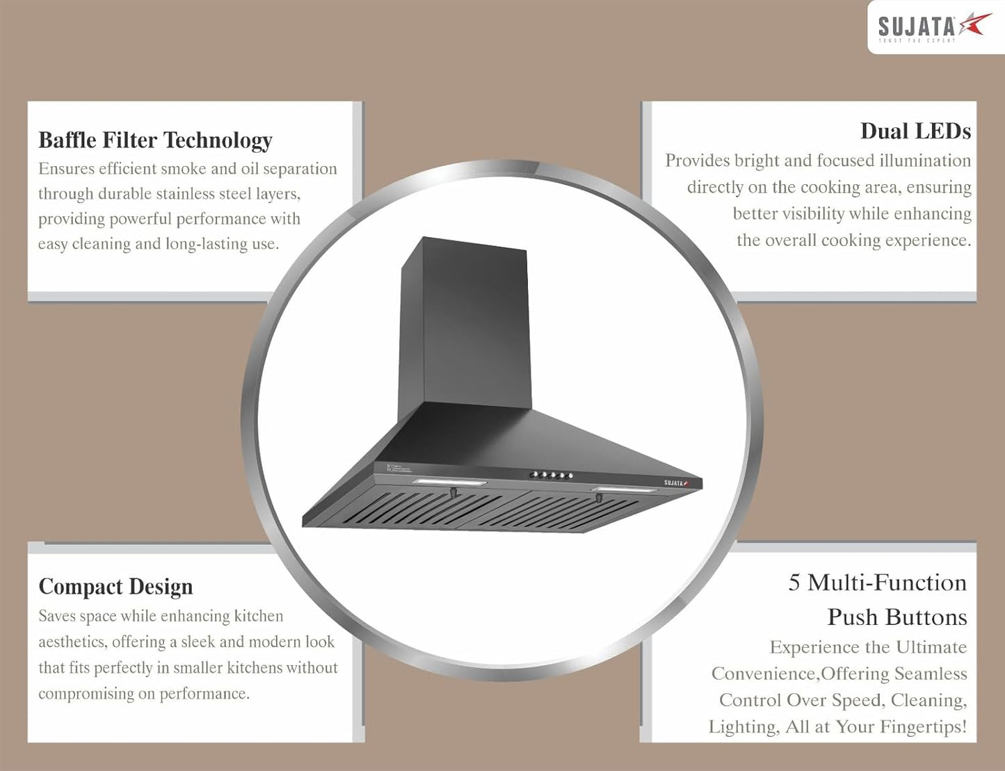 Sujata Jade 60 cm Chimney| Kitchen Chimney For Home | Dual Baffle Filter | High Air Suction |