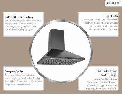 Sujata Jade 60 cm Chimney| Kitchen Chimney For Home | Dual Baffle Filter | High Air Suction |
