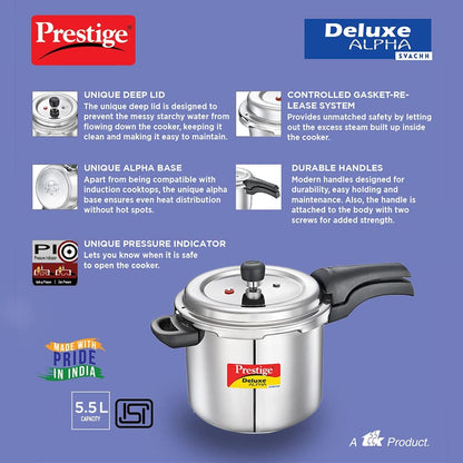 Prestige Deluxe Alpha Pressure Cooker | 5.5 Litre | 10 Years Warranty | ISI Certified |