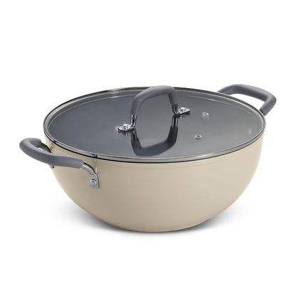 Tramontina Velo Forged Deep Kadai | 28 cm | Glass Lid | Silicone Grip Handles | Cook & Serve |
