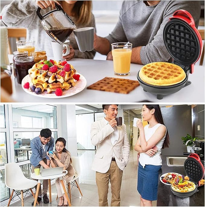 Mini Waffle Maker | Non-Stick | Double Sided Heating Plates | Red |