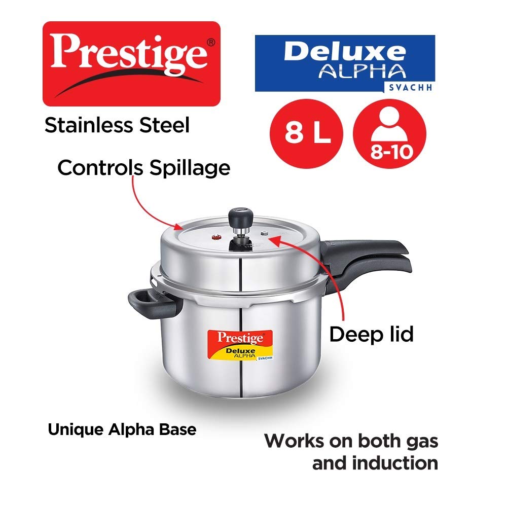 Prestige Deluxe Alpha Stainless Steel Pressure Cooker | 8 Litre | 10 Years Warranty | Large |