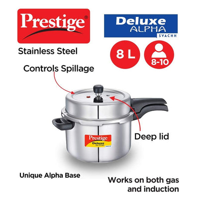 Prestige Deluxe Alpha Stainless Steel Pressure Cooker | 8 Litre | 10 Years Warranty | Large |