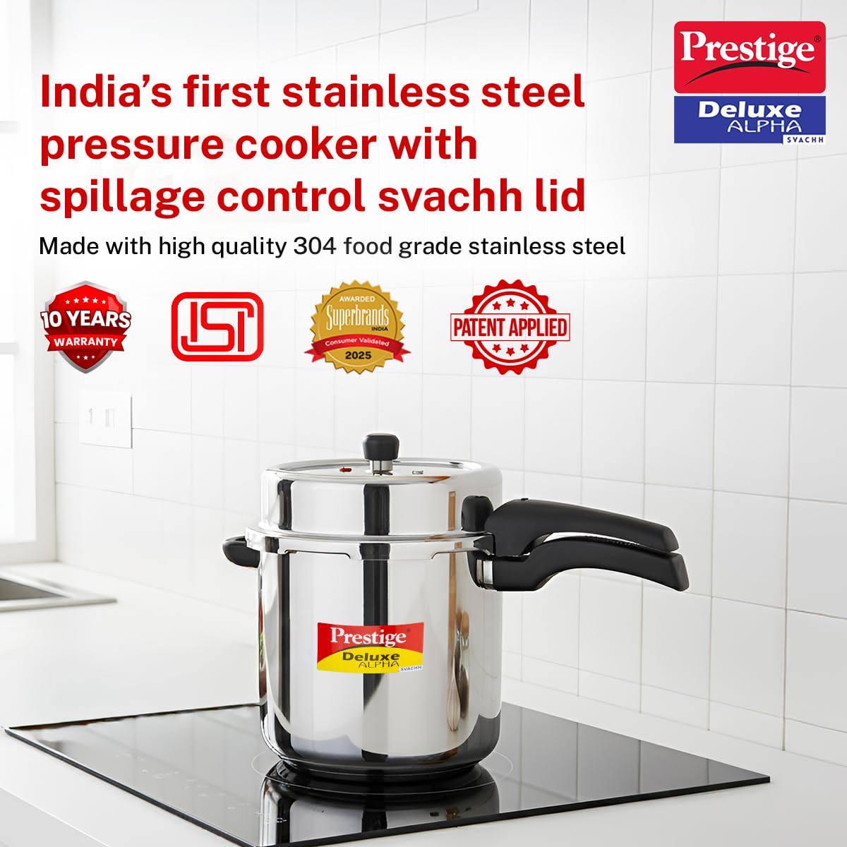 Prestige Deluxe Alpha Stainless Steel Pressure Cooker | 10 Litre | 10 Years Warranty | Large |