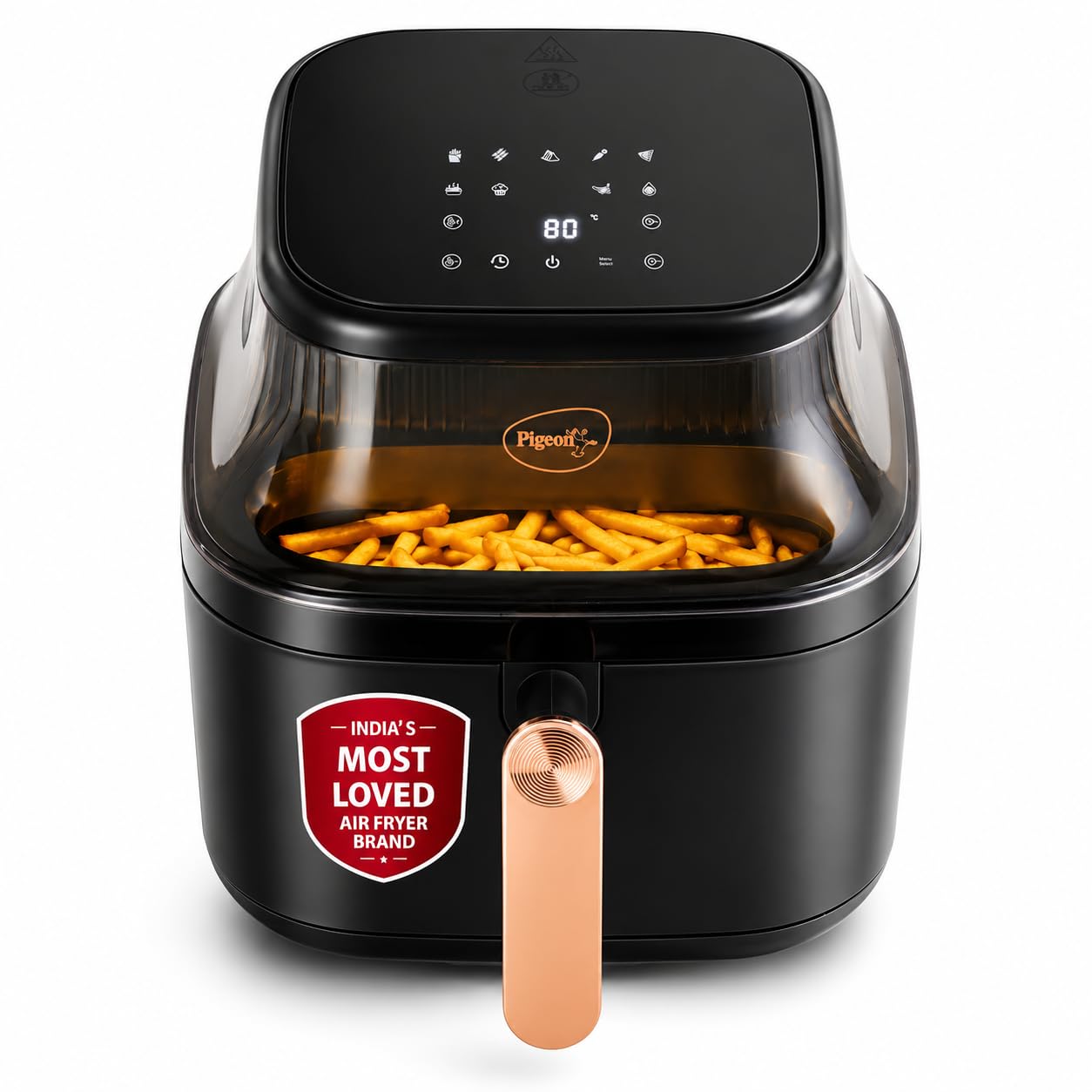 Pigeon Healthifry Digital Air Fryer | 5.4 Litre | 1500 Watts | See Through Glass Window | 80% Less Oil | Non-Stick Basket | Touch Control |