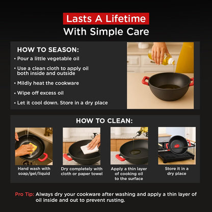 Pigeon Imperi Cast Iron Kadai with Glass Lid | Naturally Nonstick | Pre-Seasoned Kadai | Toxin Free |
