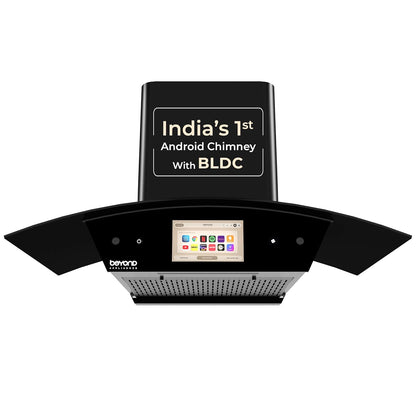Beyond Appliances BLDC Asteria Auto Clean Kitchen Chimney | Filterless | Smart Screen & Speakers | Touch Control | Black |