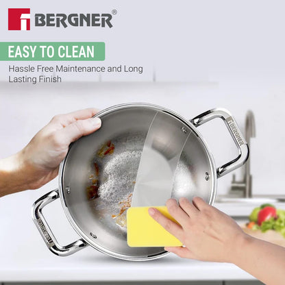 Bergner TriPro Triply Stainless Steel Kadai with Stainless Steel Lid | 24cm | Consumes Less Oil |Healthy Cooking |