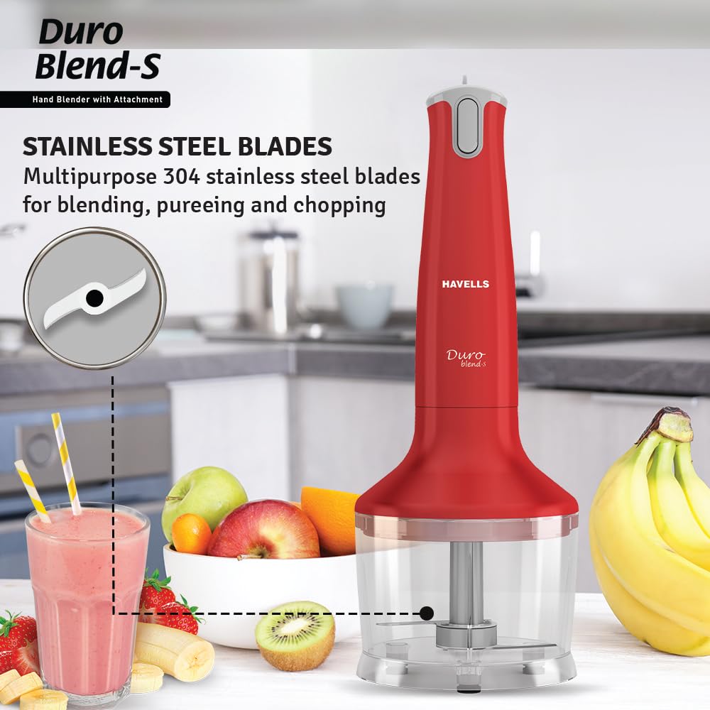 Havells Duro Blend S Hand Blender with Chopper | 300W Low Noise Copper Motor | Detachable Stem |