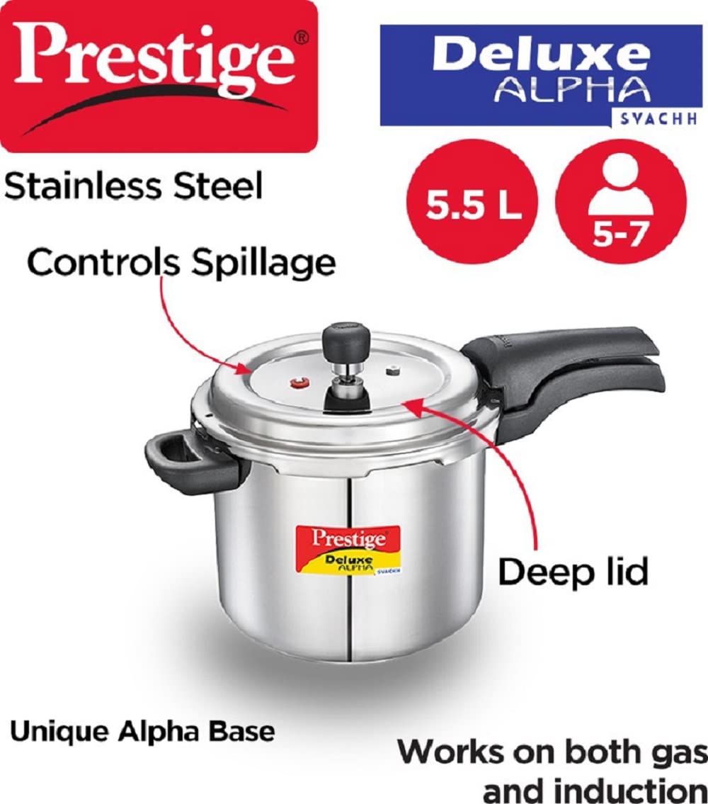 Prestige Deluxe Alpha Pressure Cooker | 5.5 Litre | 10 Years Warranty | ISI Certified |