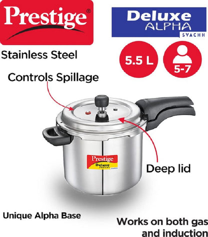 Prestige Deluxe Alpha Pressure Cooker | 5.5 Litre | 10 Years Warranty | ISI Certified |