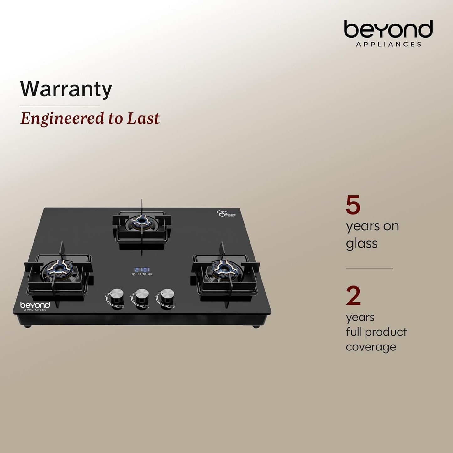 Beyond Appliances Solaria 3 Burner Smart Gas Stove | Auto Ignition| Digital Timer & Flame Failure Device | Full Brass Burners | Toughened Glass | ISI Certified |