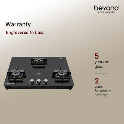 Beyond Appliances Solaria 3 Burner Smart Gas Stove | Auto Ignition| Digital Timer & Flame Failure Device | Full Brass Burners | Toughened Glass | ISI Certified |