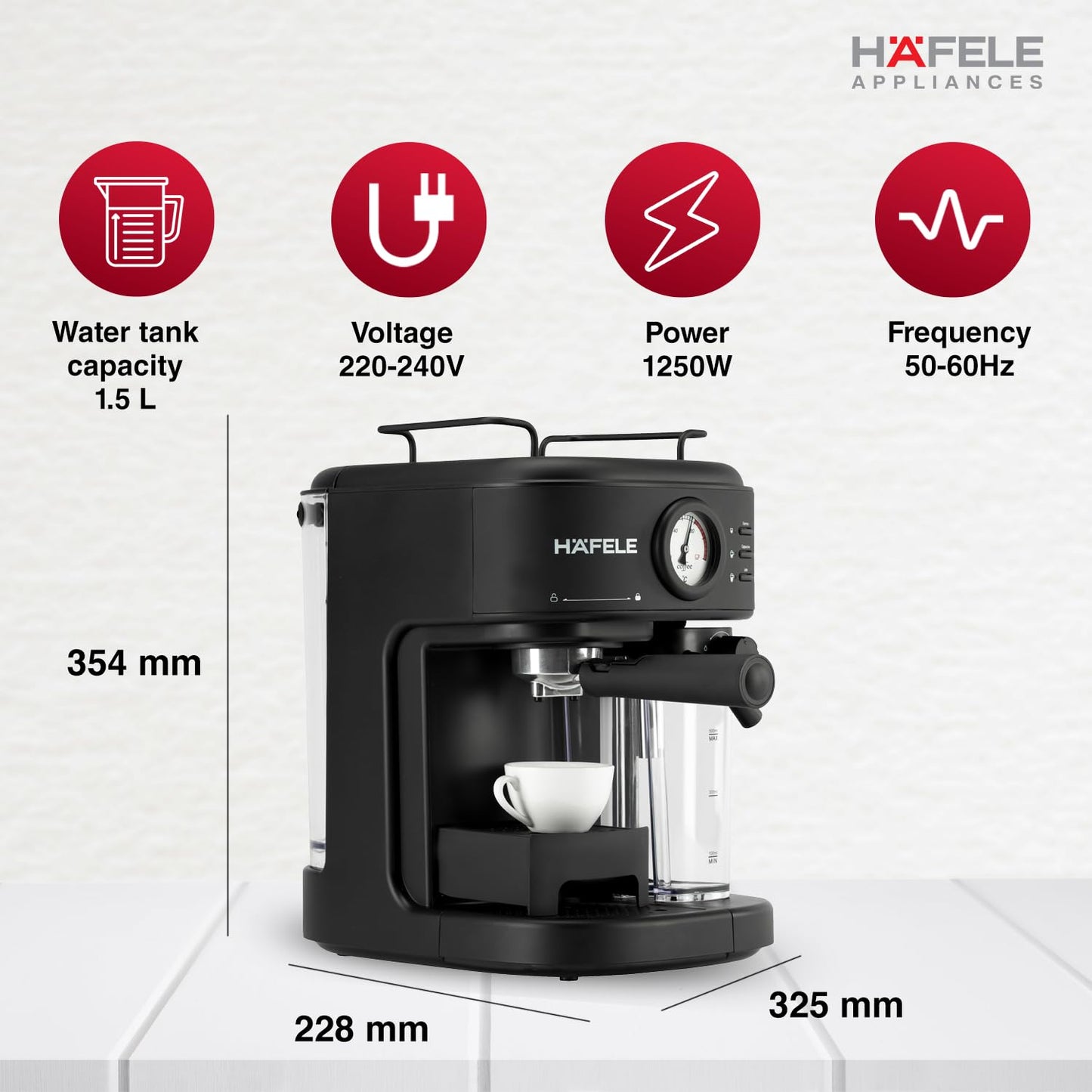 Hafele U-Kaffee Plus Coffee Machine | 15-Bar Pump Pressure | 1250W |