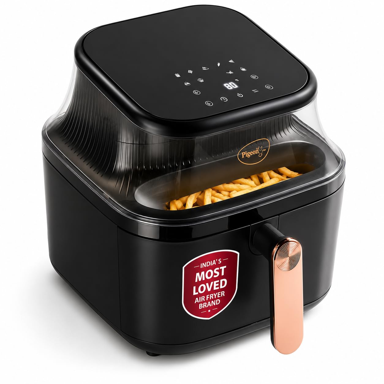 Pigeon Healthifry Digital Air Fryer | 5.4 Litre | 1500 Watts | See Through Glass Window | 80% Less Oil | Non-Stick Basket | Touch Control |