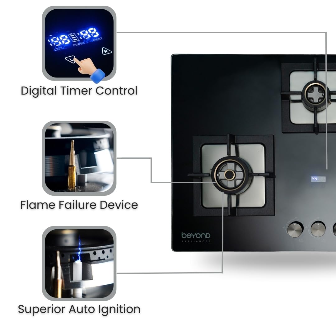 Beyond Appliances Smart Timer Dorado Hobtop 3 Burner with Flame Failure Detection 75cm, Black