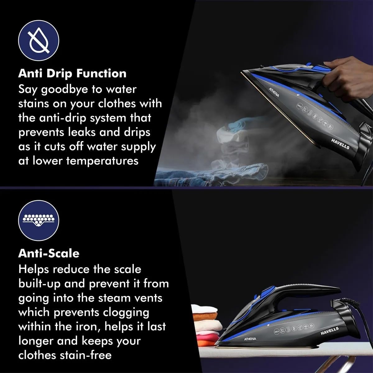 Havells Athena Steam Iron | Vertical & Horizontal Ironing | 3000 Watts | I-Sense Technology | Black & Blue |