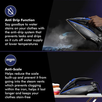 Havells Athena Steam Iron | Vertical & Horizontal Ironing | 3000 Watts | I-Sense Technology | Black & Blue |
