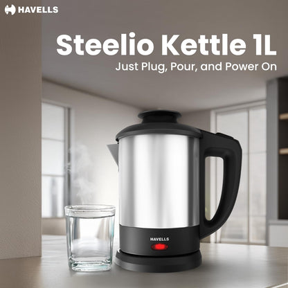 Havells Steelio Electric Kettle | 1250 W | 1 L Capacity | Rust Resistant 304 Stainless Steel Tank |