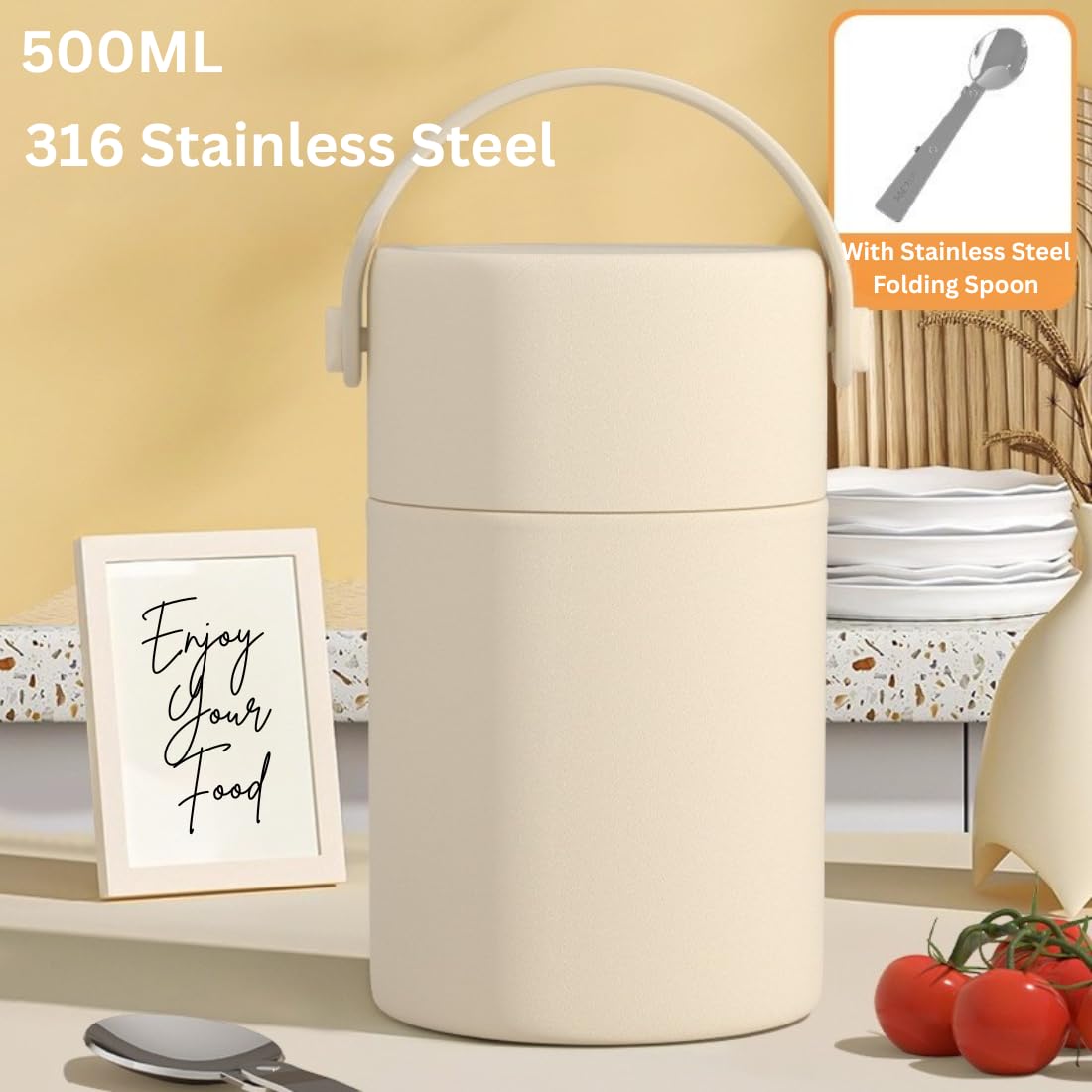 Clevora Vacuum Insulated Stainless Steel | Food Jar | 500 ml | Carry Handle | Hot & Cold |