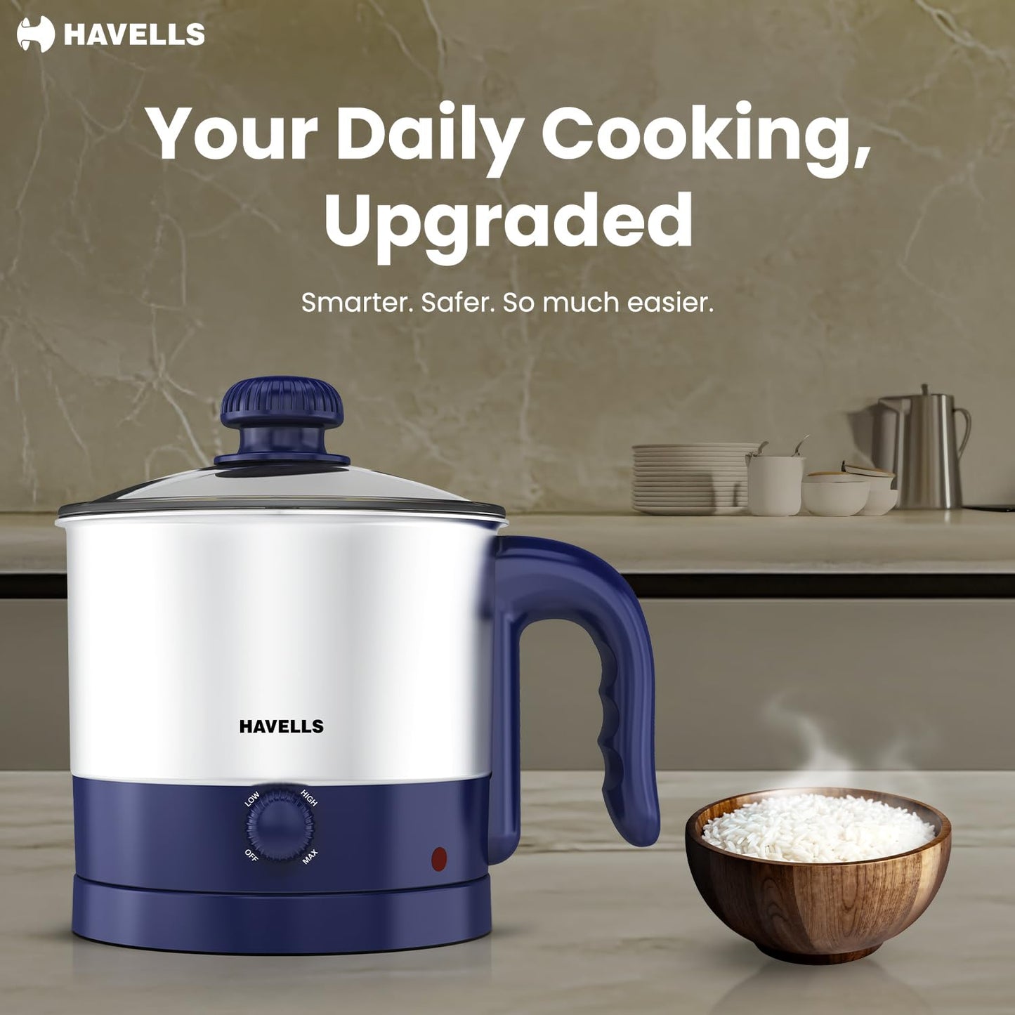 Havells Steamor Multicook Kettle | 1.2 L Capacity | Food Grade Body with Cool Touch Handle |