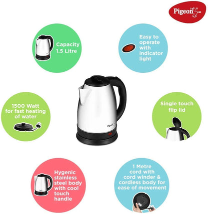 Pigeon Hot Stainless Steel Electric Kettle | 1.8 Litre | 1300 Watts | Automatic Shut Off | Silver |