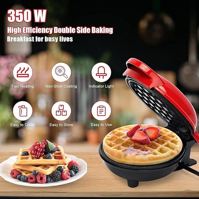 Mini Waffle Maker | Non-Stick | Double Sided Heating Plates | Red |