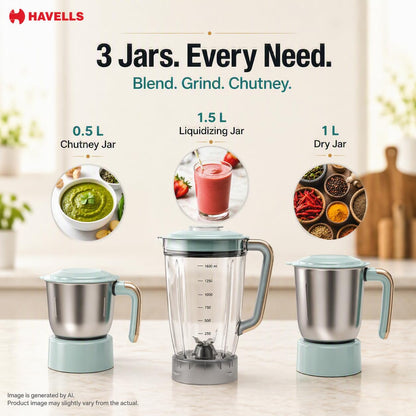 Havells CRAFT Mixer Grinder | 800W | 3 Jar | One Touch Grinding | Unique Touch Control |