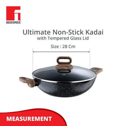 Bergner Ultimate Non-Stick Kadai with Glass Lid | 28 cm | Induction Base | Grey |