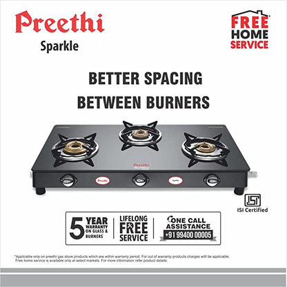 Preethi Blu Flame Sparkle Glass top 3 Burner ,Manual Ignition, Black