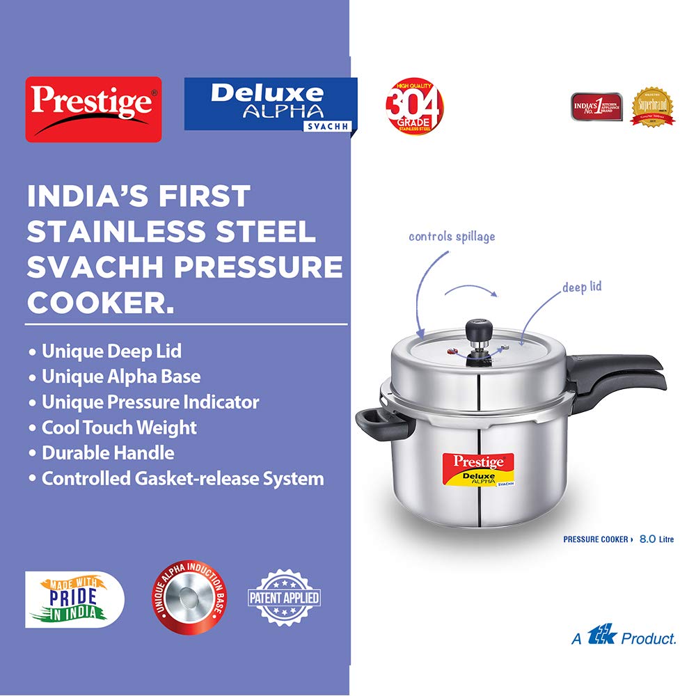 Prestige Deluxe Alpha Stainless Steel Pressure Cooker | 8 Litre | 10 Years Warranty | Large |
