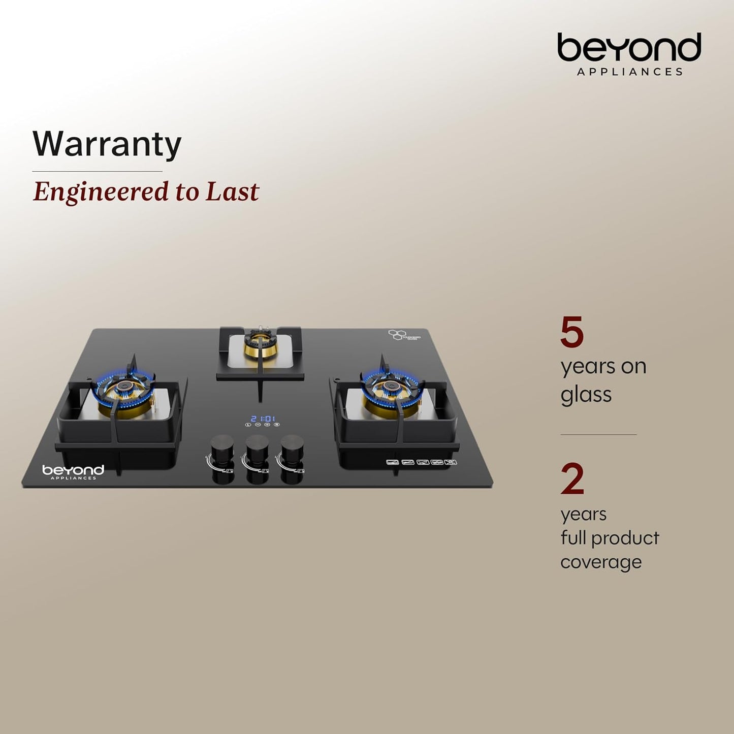Beyond Appliances Dorado 3 Burner Smart Glass Hobtop Gas Stove | Auto Ignition | Digital Timer |