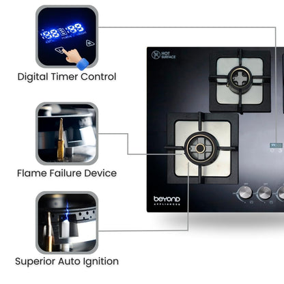 Beyond Appliances Smart Timer Dorado Hobtop 4 Burner with Flame Failure Detection 75cm, Black