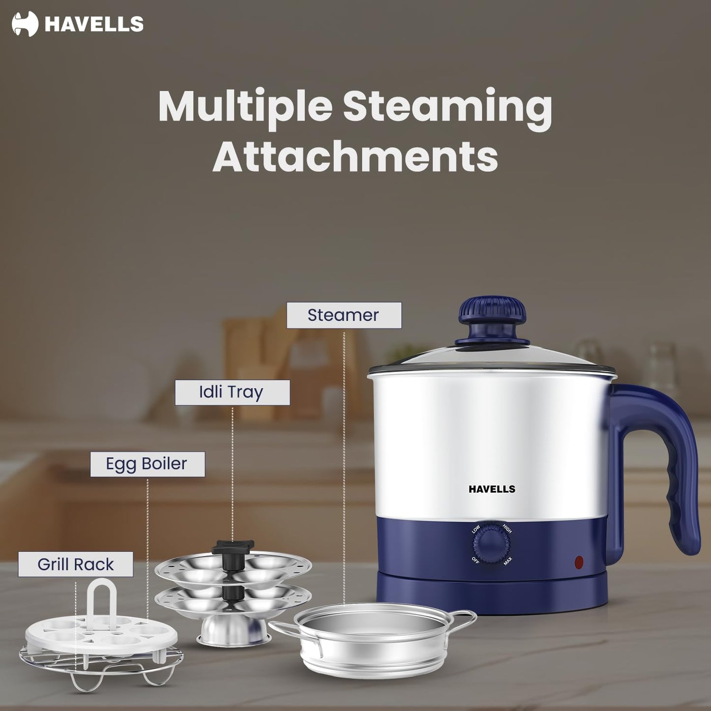 Havells Steamor Multicook Kettle | 1.2 L Capacity | Food Grade Body with Cool Touch Handle |