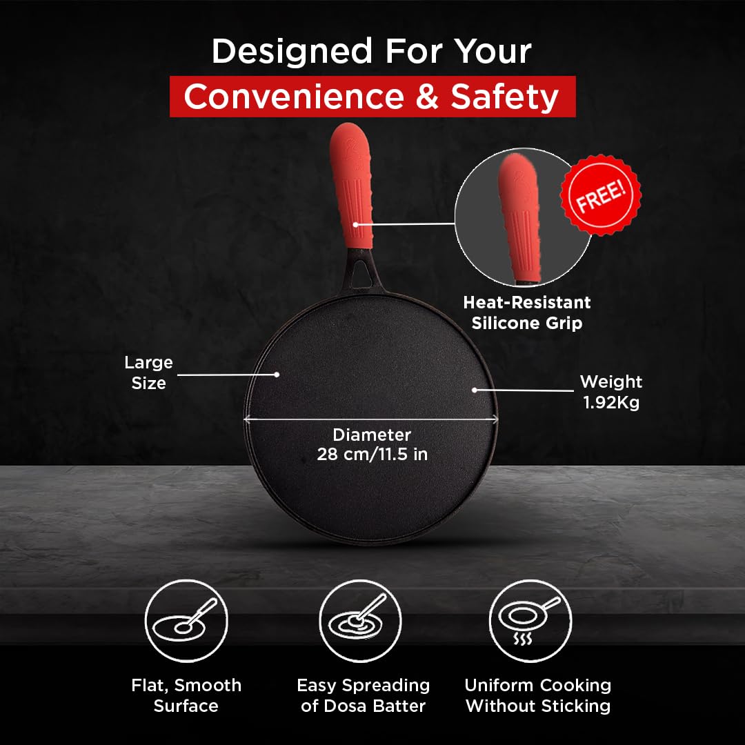 Pigeon Imperi Cast Iron Long Handle Tawa |  Pre-Seasoned with 100% Vegetable Oil | Naturally Non-Stick | Toxin Free |