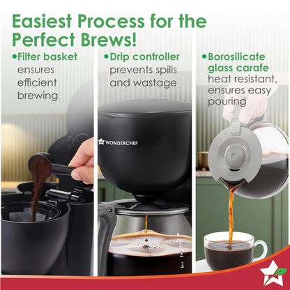 Wonderchef Veneto Brew Coffee Machine | 550W | 600ml | Brew 6 Cups a time | Black |