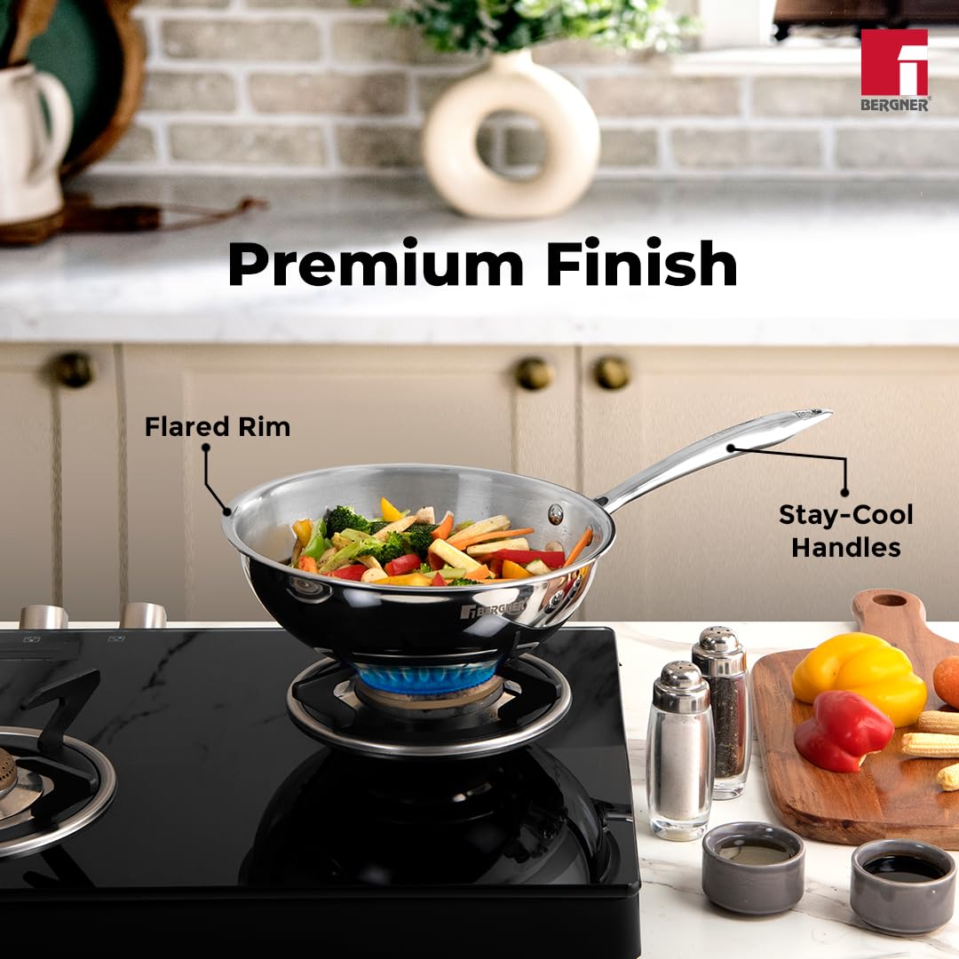 Bergner Argent Triply Stainless Steel Wok with Stainless Steel Lid | 22 cm | 2.2 L Kadai with Long Handle |