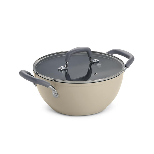 Tramontina Velo Forged Deep Kadai | 22 cm | Glass Lid | Silicone Grip Handles | Cook & Serve |