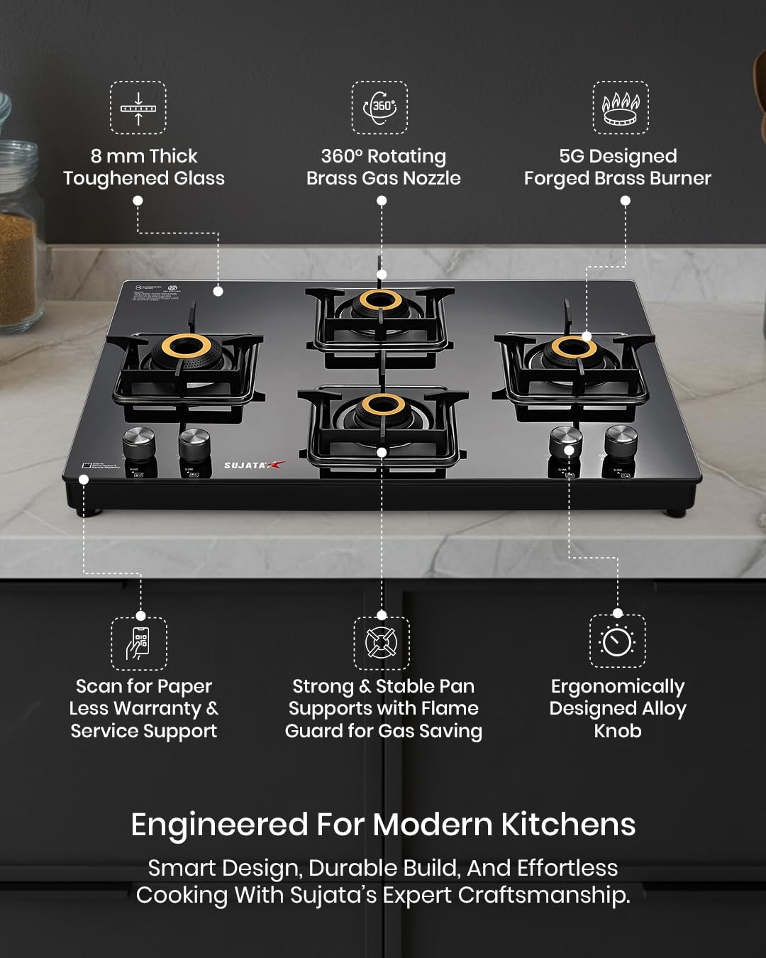 Sujata Maestro Premium Cross Gas Stove | 4 Burners | 9 Year Warranty |  360° Rotating Brass Nozzle | Black |