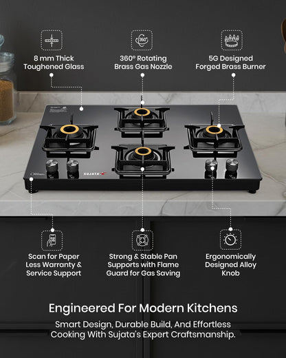Sujata Maestro Premium Cross Gas Stove | 4 Burners | 9 Year Warranty |  360° Rotating Brass Nozzle | Black |