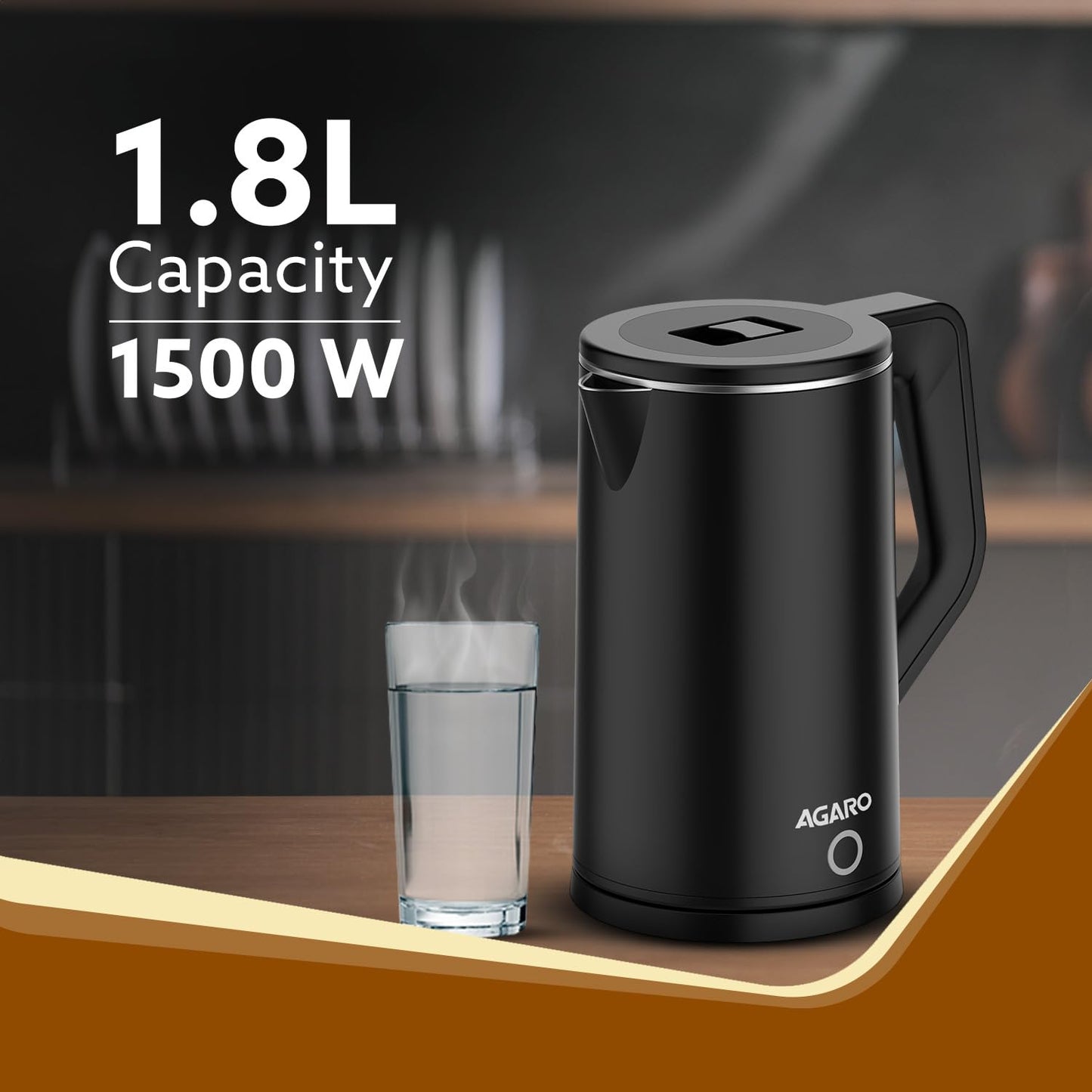 Agaro Elegant Stainless Steel Electric Kettle | 1.8 Litre | Black | Auto-Shut off |