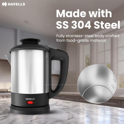 Havells Steelio Electric Kettle | 1250 W | 1 L Capacity | Rust Resistant 304 Stainless Steel Tank |