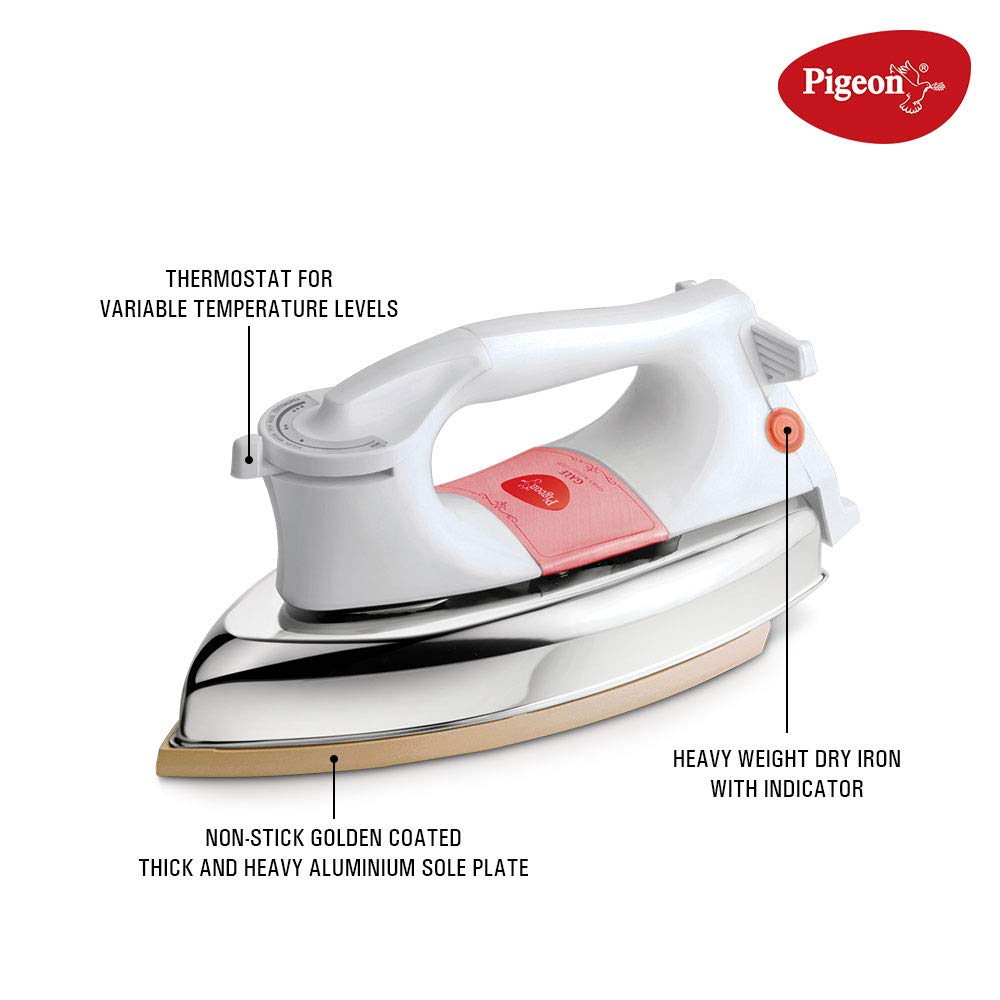 Pigeon Gale Heavy Weight Dry Iron | 1000 Watts | Wrinkle Free | White and Gold |