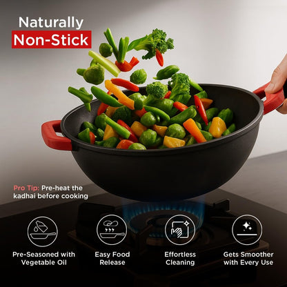 Pigeon Imperi Cast Iron Kadai with Glass Lid | Naturally Nonstick | Pre-Seasoned Kadai | Toxin Free |