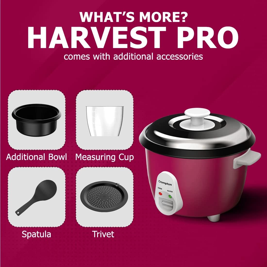 Crompton Harvest Pro Food Grade Non-stick Rice Cooker | 1.8L | - Infinia Home and Kitchen