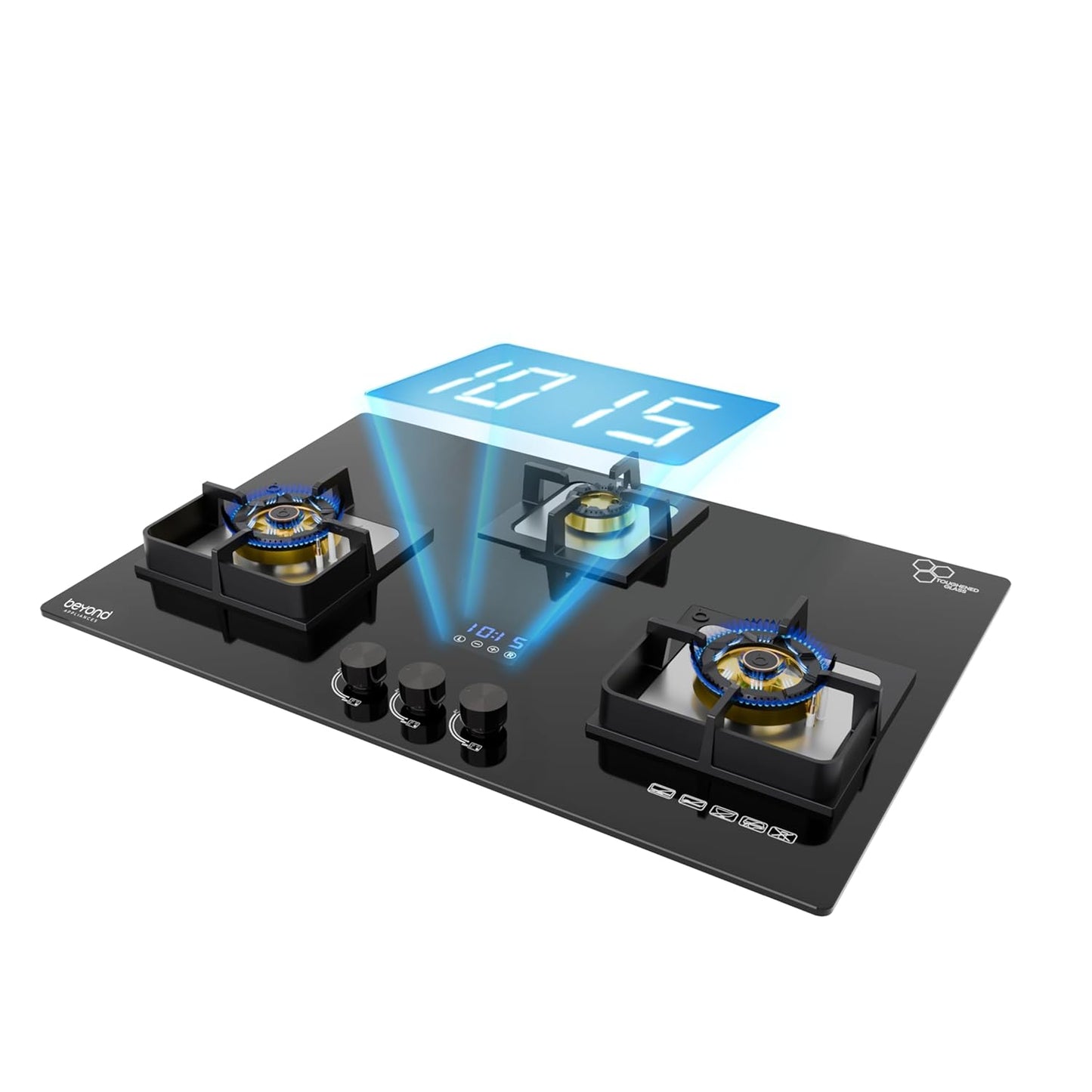 Beyond Appliances Dorado 3 Burner Smart Glass Hobtop Gas Stove | Auto Ignition | Digital Timer |