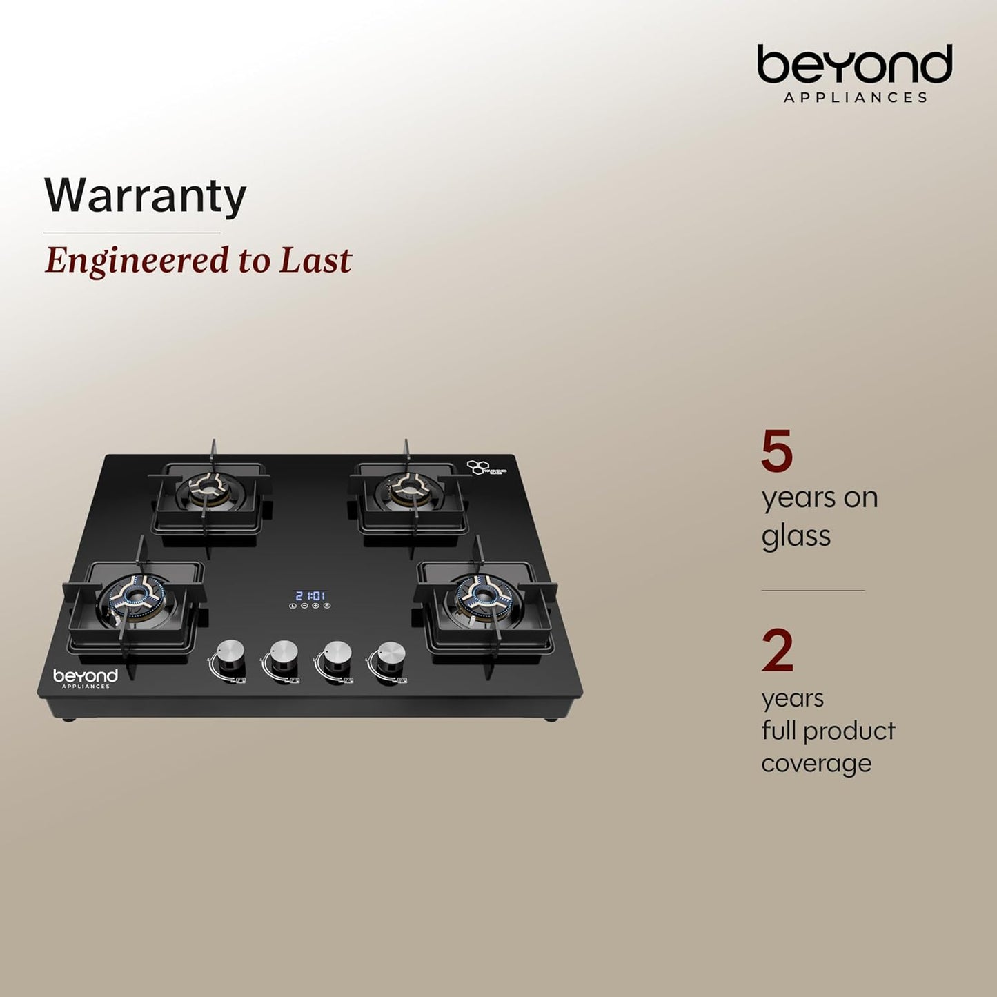 Beyond Appliances Solaria 4 Burner Smart Gas Stove | Auto Ignition| Digital Timer & Flame Failure Device | Full Brass Burners | Toughened Glass | ISI Certified |